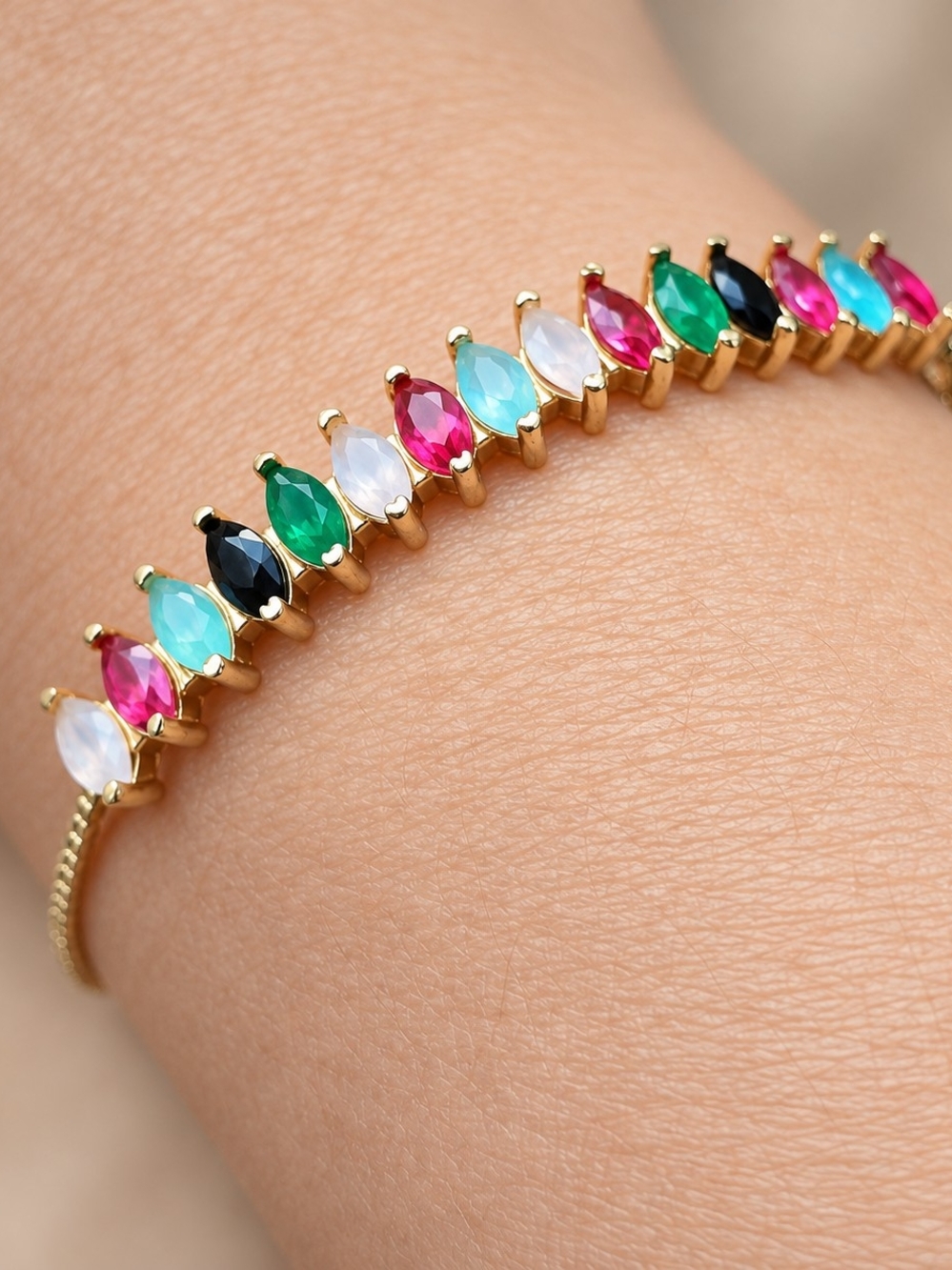 Gold Multicolor Marquise Gemstone Bracelet Slider Bolo Bracelet